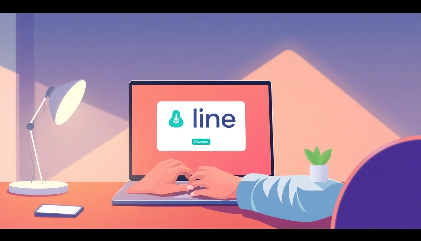 Download the line電腦版官方下載 on a modern laptop interface with a dynamic workspace.